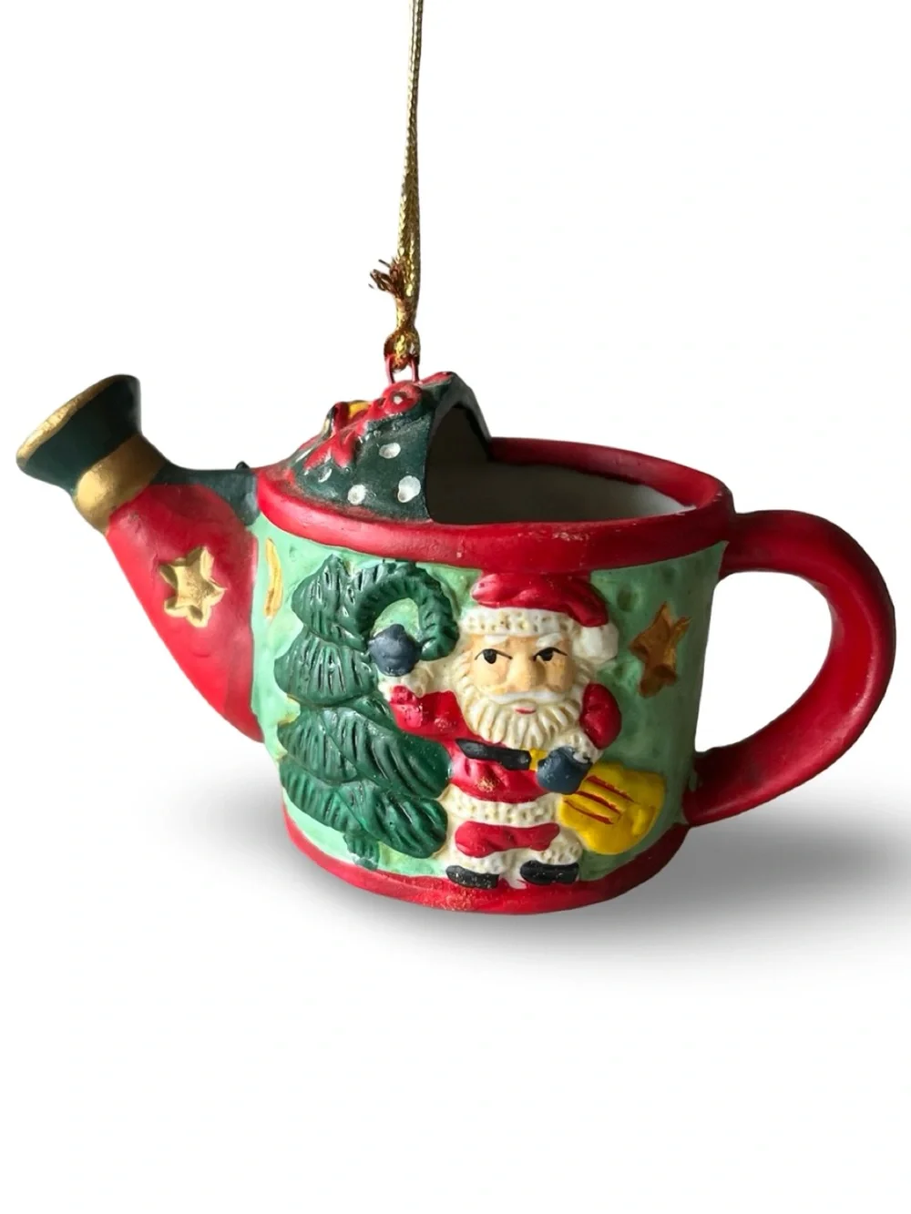 Vintage Ceramic Santa Claus Whimsical Watering Can Christmas Ornament